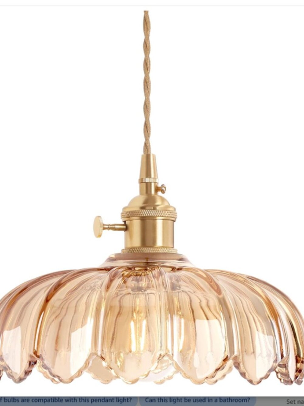 Pendant Light with Amber Scindapsus Glass Lmapshade, Brass Vintage Pendant
